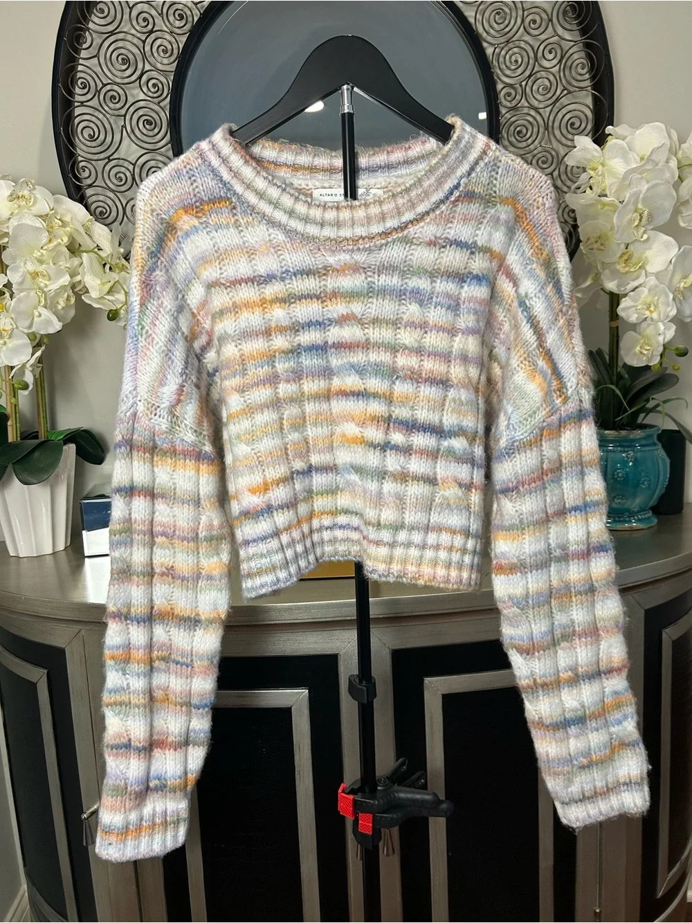 Altar'd State Pastel Multicolor Striped Cropped Crewneck Sweater